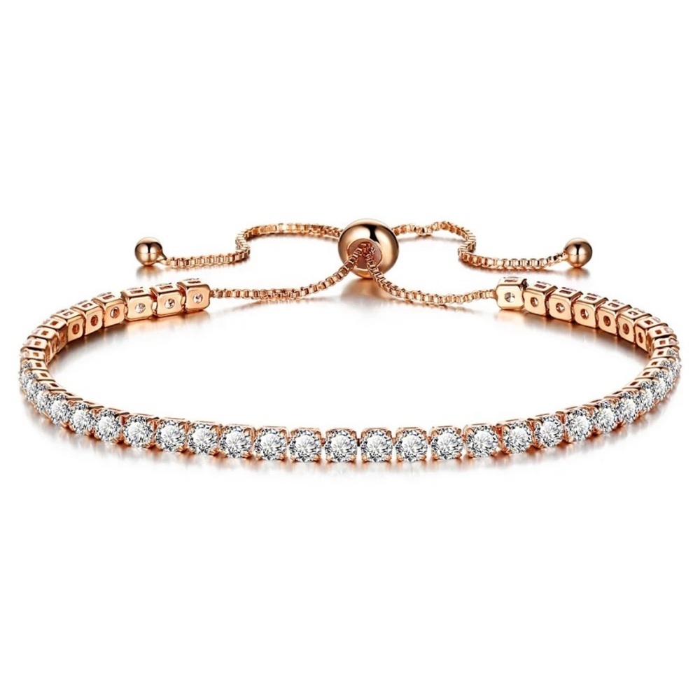New 14K Rose Gold Plated Rhinestone Crystal Adjustable Tennis Bracelet